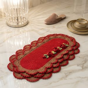 Tapete de Crochê Oval Vermelho e Caramelo com Rosas em Relevo